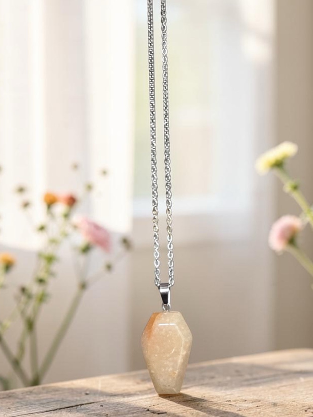 YELLOW AVENTURINE natural stone coffin pendant necklace with silver chain NEW